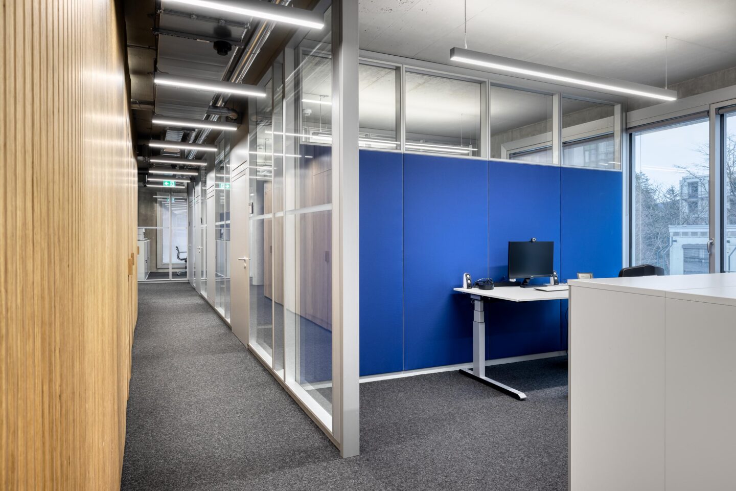 Wall-integrated acoustic elements with textile surfaces and low-emission materials | feco system walls | fecophon fabric blue